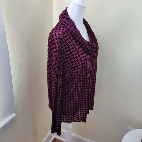 LIV by Habitat Clothes Burgundy Velvet Mesh Houndstooth Sheer Cowl Top Size M - Picture 7 of 14
